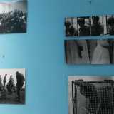 Alcune foto di vecchi manicomi appese al muro lungo la scalinata d'ingresso